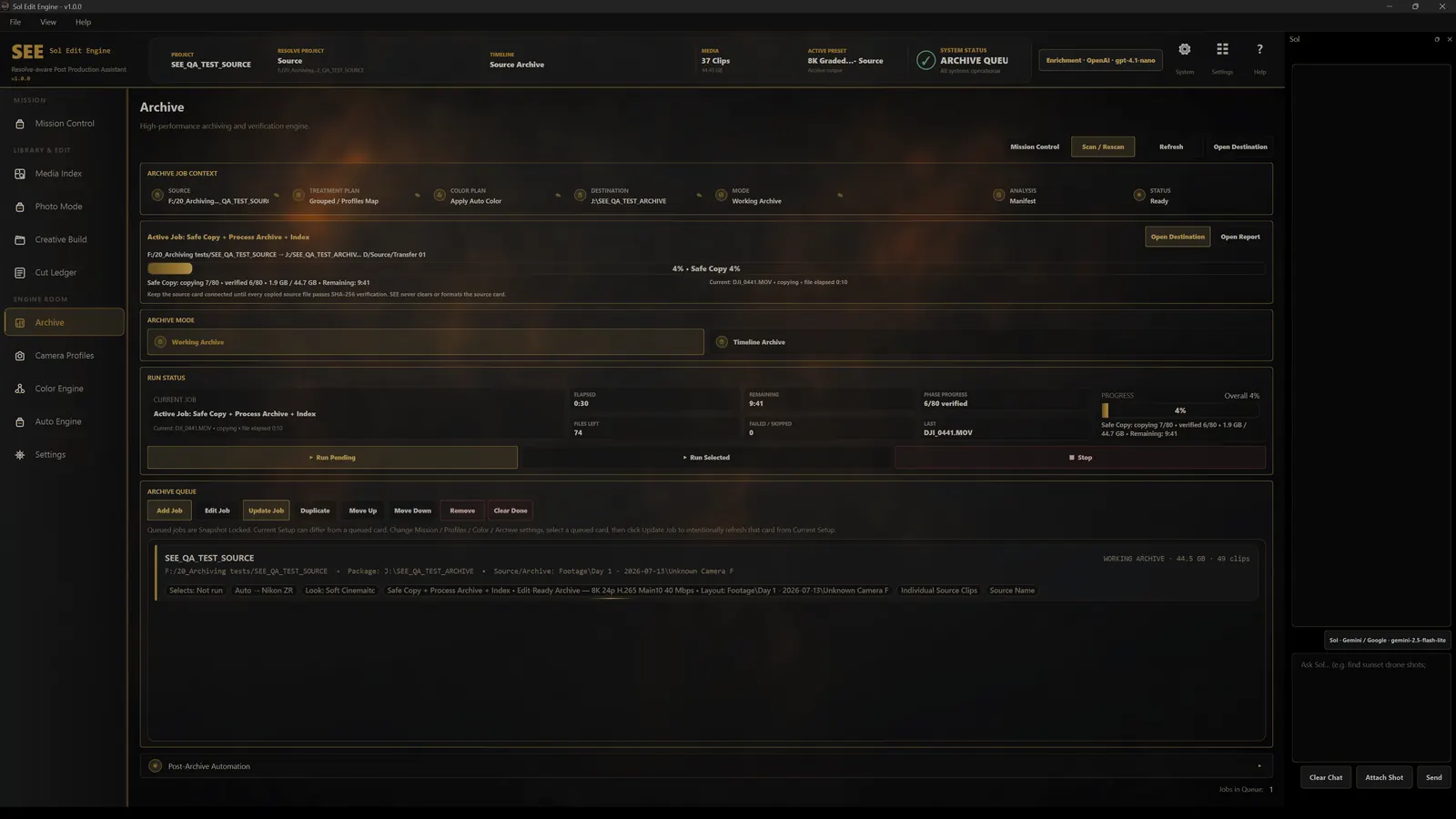 SEE Archive showing copy and verification progress